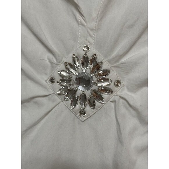 Cynthia Steffe‎ White Tunic Top Rhinestone Embellishment Brooch Eyelet Sleeves 2 - Picture 3 of 7